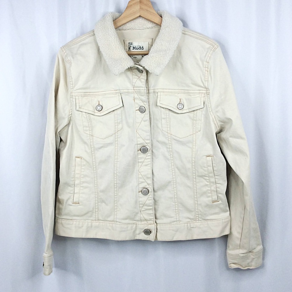 Vintage Y2K Mudd Sherpa Collar Denim Trucker Jacket Size XL Ivory Jean